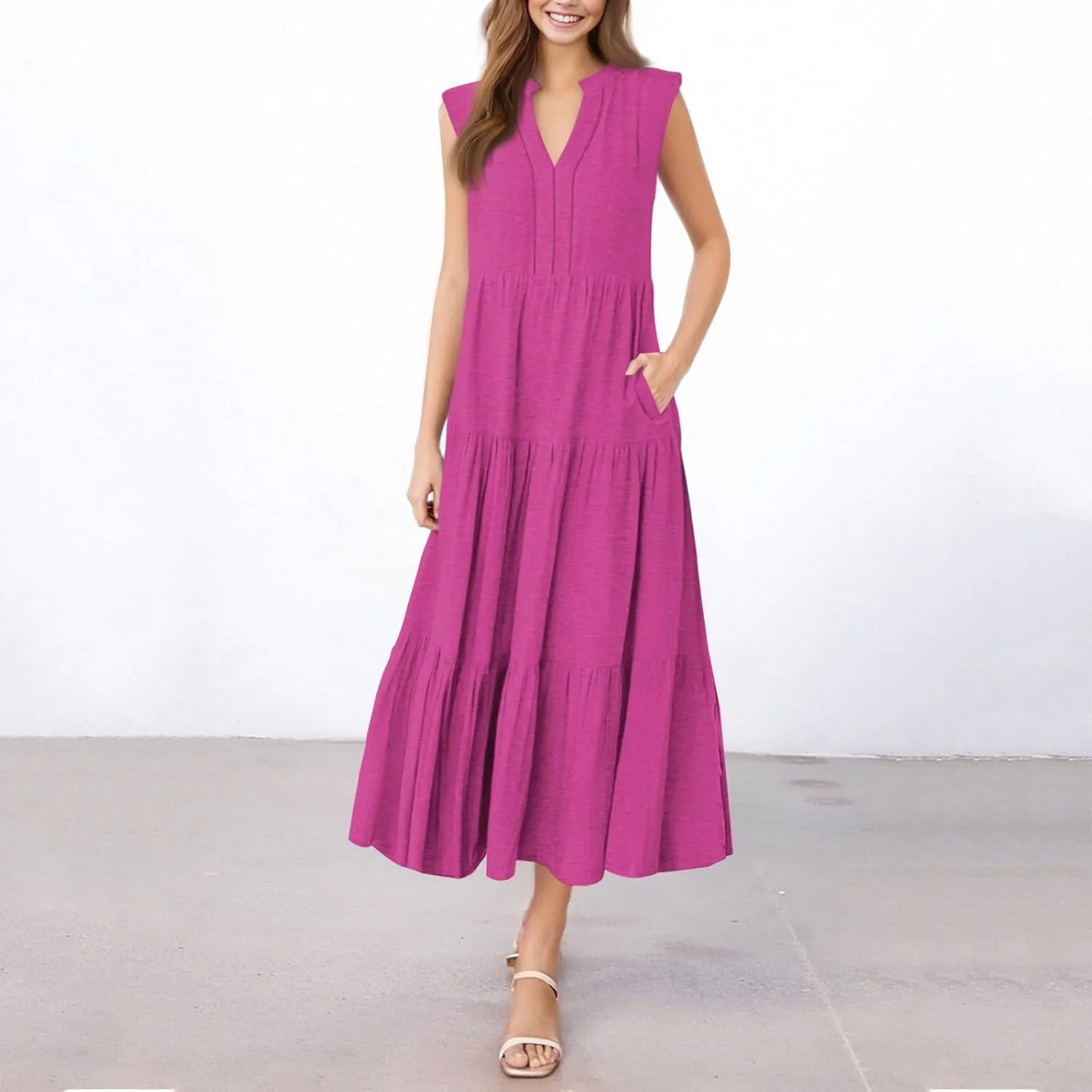 Summer Dresses for Women 2025 Maxi Casual Floral Boho Sundresses Sleeveless V-Neck Pleated Beach Vacation Tank Dress