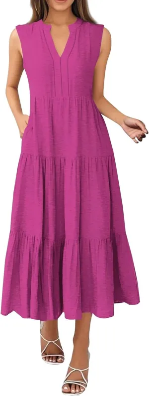 Summer Dresses for Women 2025 Maxi Casual Floral Boho Sundresses Sleeveless V-Neck Pleated Beach Vacation Tank Dress