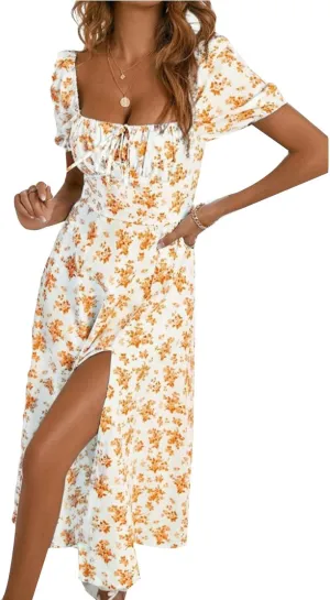 Summer Dresses for Women 2025 Puff Sleeve Square Neck Tie Front Milkmaid Dress Corset Slit Tight Midi Floral Sundress