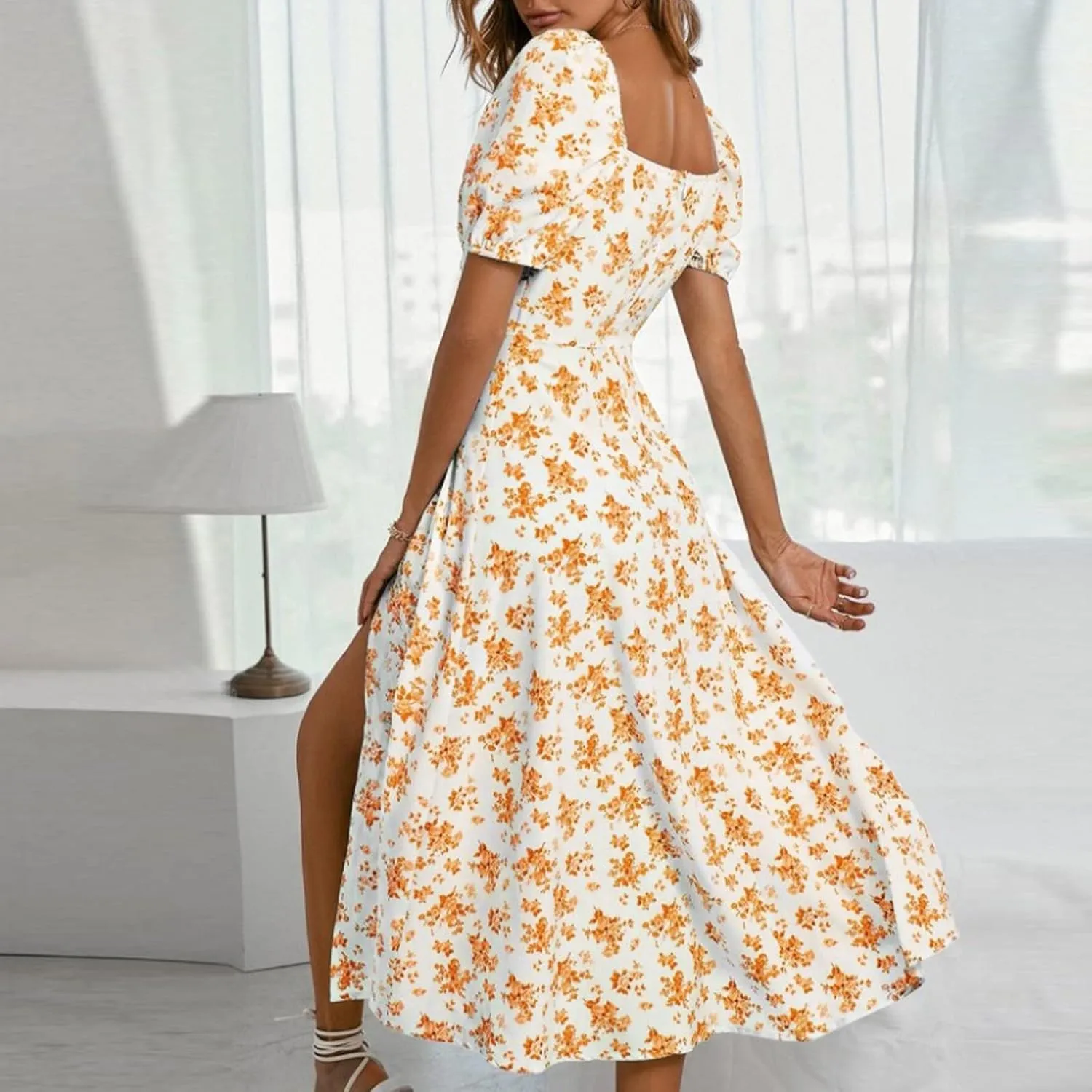 Summer Dresses for Women 2025 Puff Sleeve Square Neck Tie Front Milkmaid Dress Corset Slit Tight Midi Floral Sundress