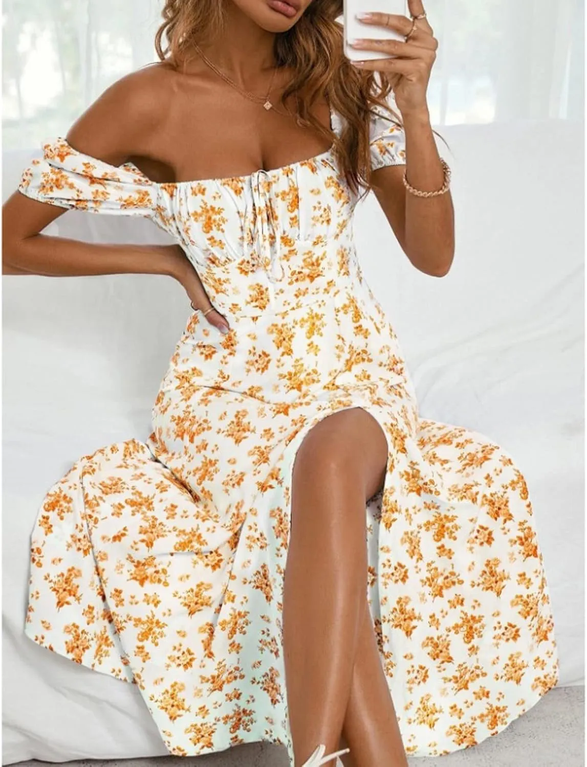 Summer Dresses for Women 2025 Puff Sleeve Square Neck Tie Front Milkmaid Dress Corset Slit Tight Midi Floral Sundress