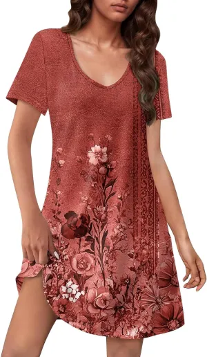 Summer Dresses for Women V Neck Swimsuit Coverup Floral Sundresses Casual Short Sleeve T Shirt Dress Loose with Pockets