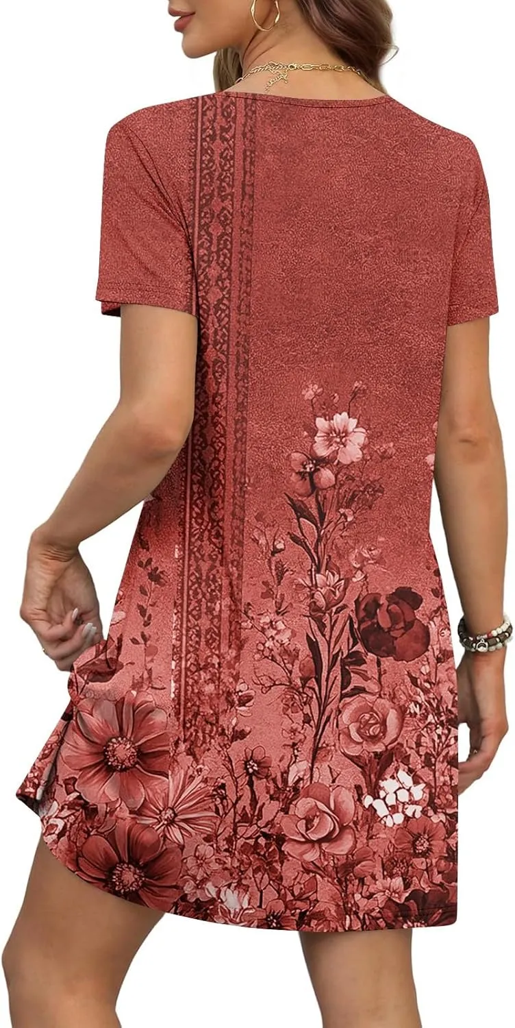 Summer Dresses for Women V Neck Swimsuit Coverup Floral Sundresses Casual Short Sleeve T Shirt Dress Loose with Pockets