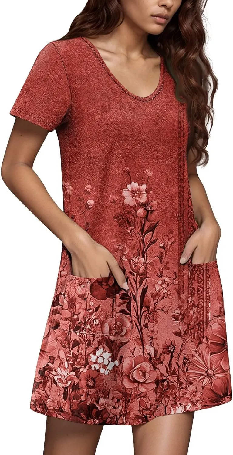 Summer Dresses for Women V Neck Swimsuit Coverup Floral Sundresses Casual Short Sleeve T Shirt Dress Loose with Pockets