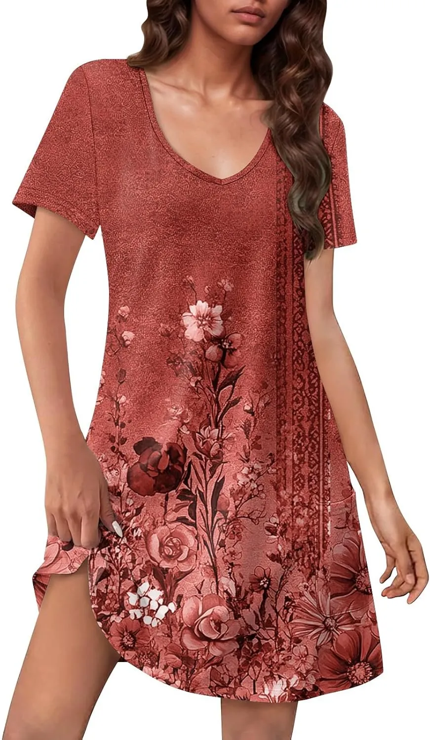 Summer Dresses for Women V Neck Swimsuit Coverup Floral Sundresses Casual Short Sleeve T Shirt Dress Loose with Pockets