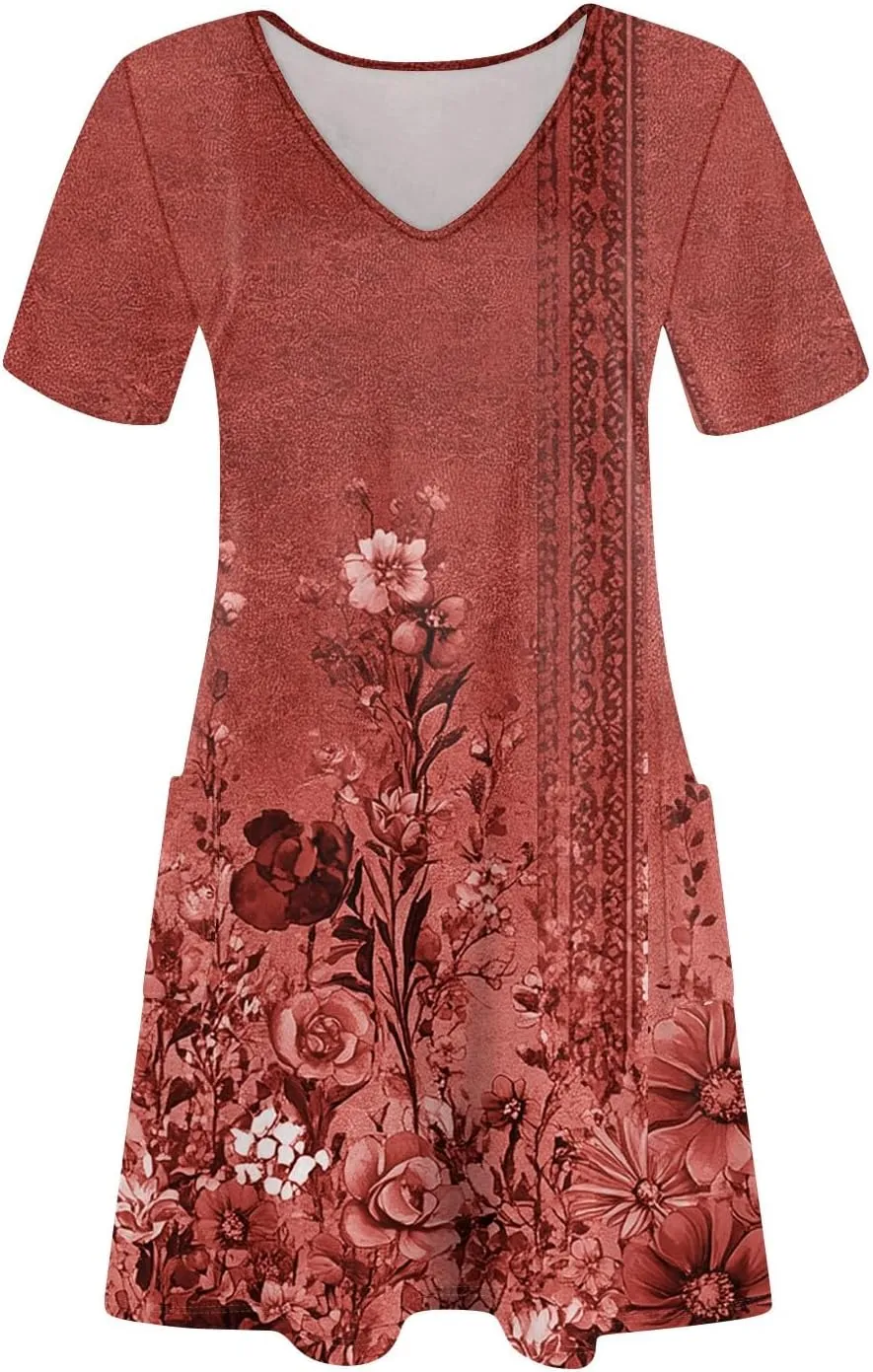 Summer Dresses for Women V Neck Swimsuit Coverup Floral Sundresses Casual Short Sleeve T Shirt Dress Loose with Pockets