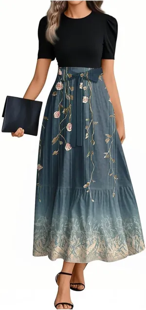 Summer Maxi Dress Church Dresses for Women 2025 Short Sleeve Crewneck Empire Waist Dress Aline Flowy Vacation Dresses