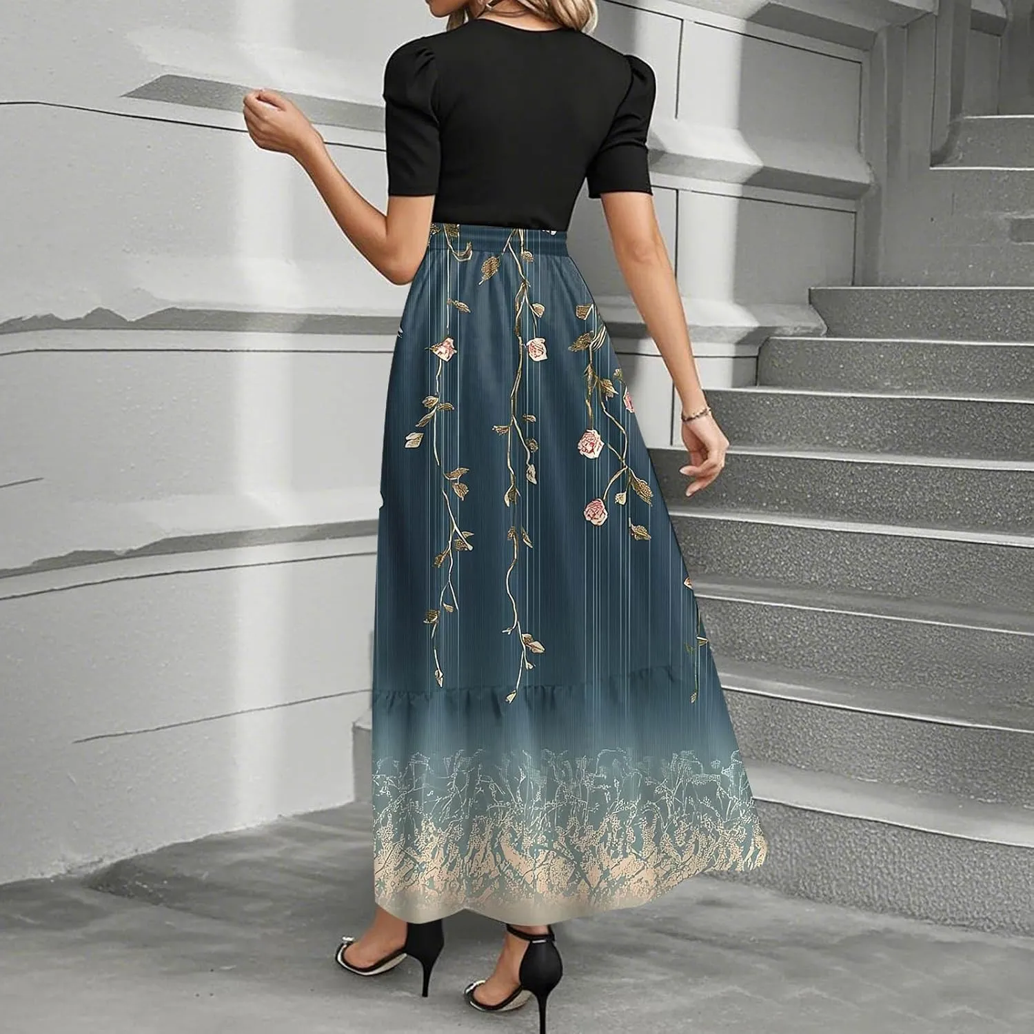 Summer Maxi Dress Church Dresses for Women 2025 Short Sleeve Crewneck Empire Waist Dress Aline Flowy Vacation Dresses