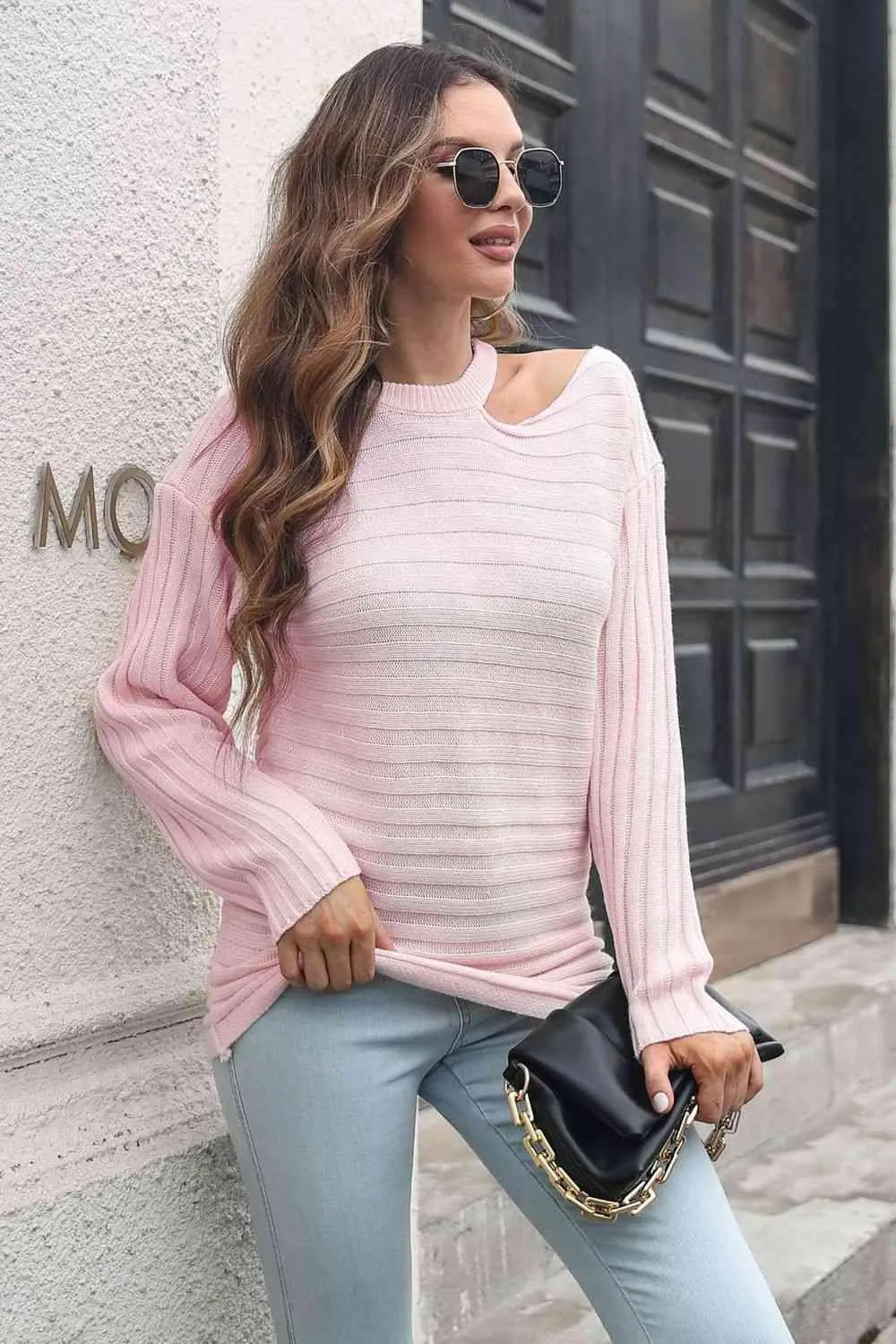 Uniquely Comfy Ribbed Knit Cold Shoulder Sweater