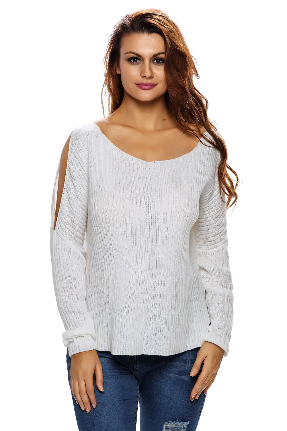 White Long Sleeve Slit Arm and Side Ribbed Knit Top