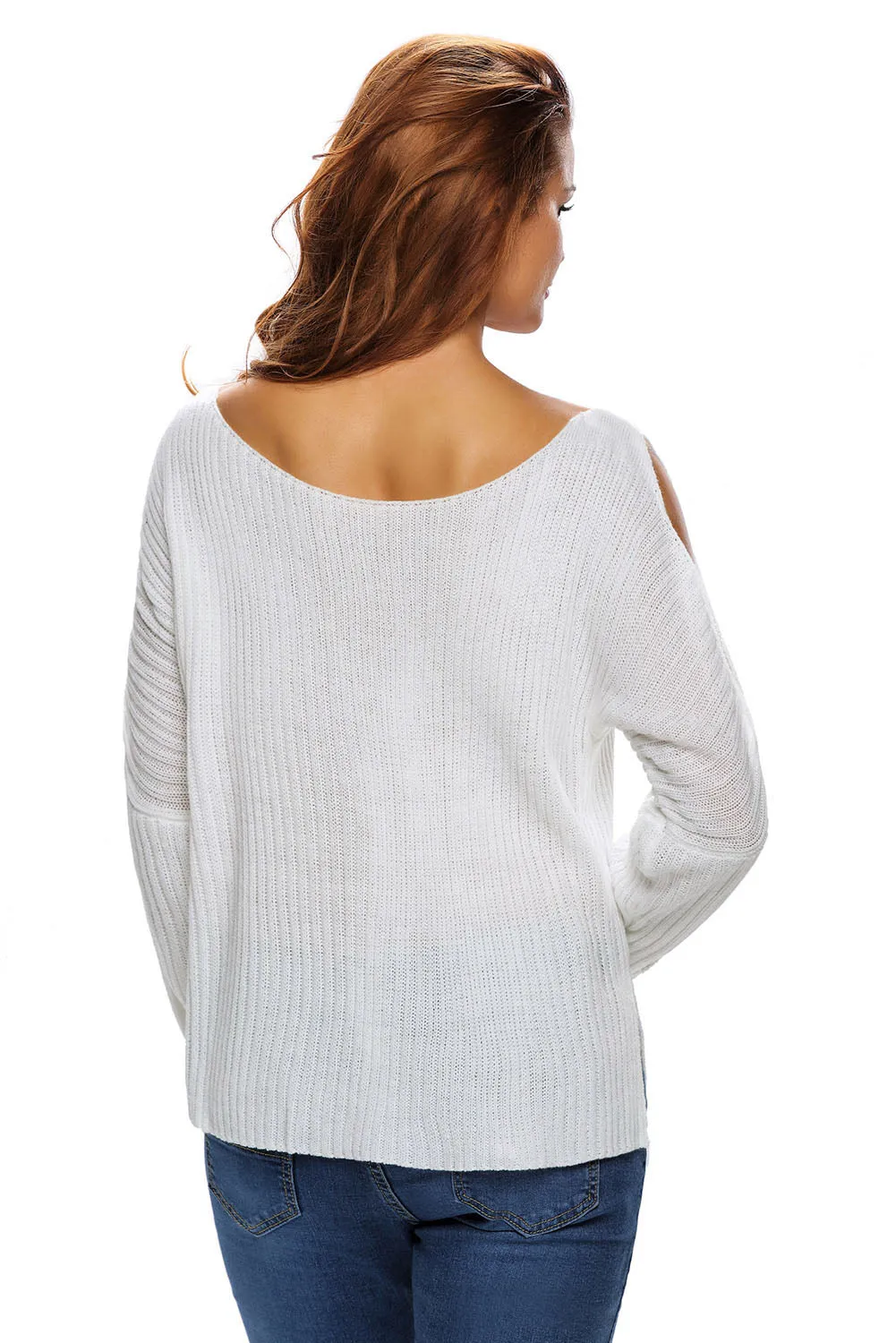 White Long Sleeve Slit Arm and Side Ribbed Knit Top