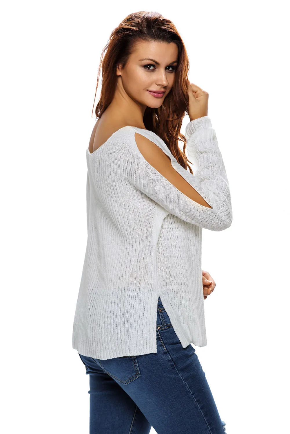 White Long Sleeve Slit Arm and Side Ribbed Knit Top