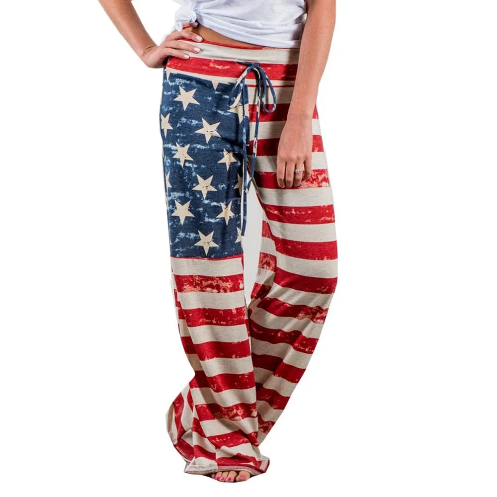 Women Drawstring Star And Striped Wide Leg Pants Leggings Trousers Loose Lady Streetwear Summer Pants Pantalones Mujer