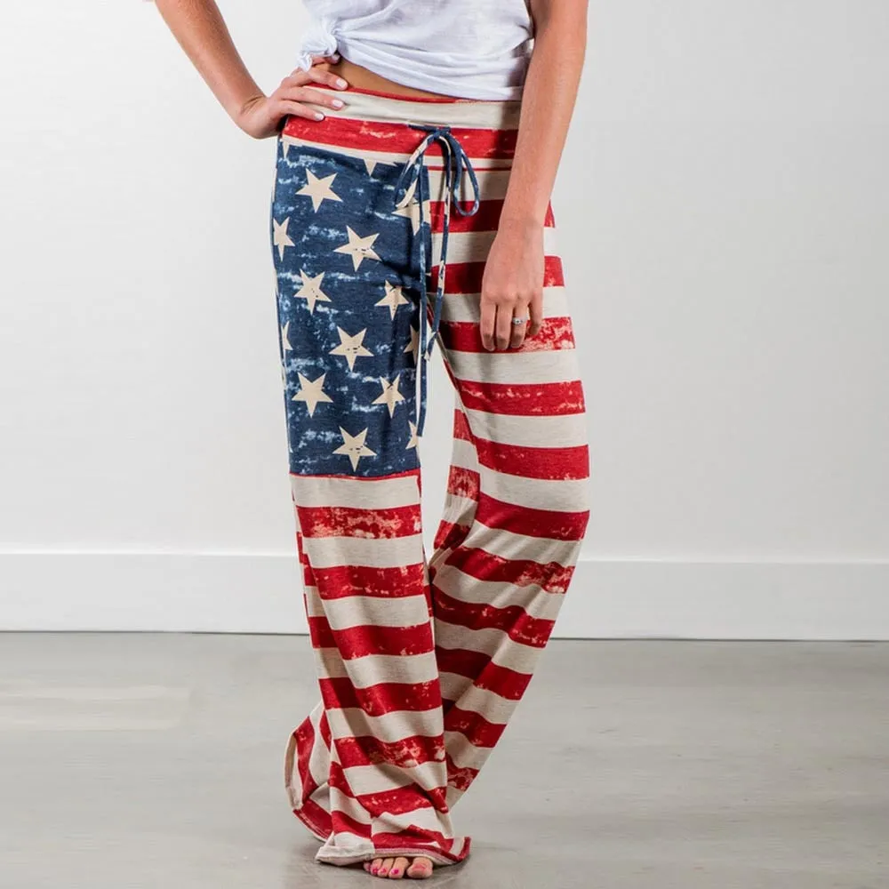 Women Drawstring Star And Striped Wide Leg Pants Leggings Trousers Loose Lady Streetwear Summer Pants Pantalones Mujer