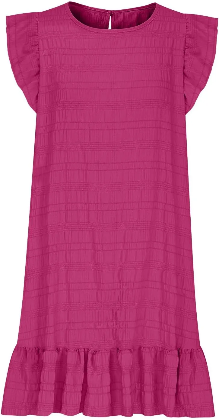 Women Ruffle Trim Sleeveless Summer Dresses Textured Tank-Dress Trendy Vacation Beach Mini Sundress Holiday Dress