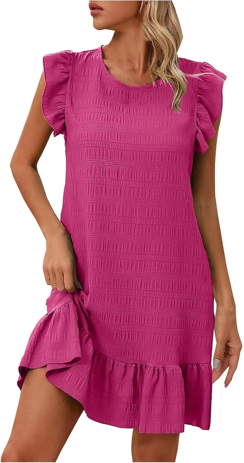 Women Ruffle Trim Sleeveless Summer Dresses Textured Tank-Dress Trendy Vacation Beach Mini Sundress Holiday Dress