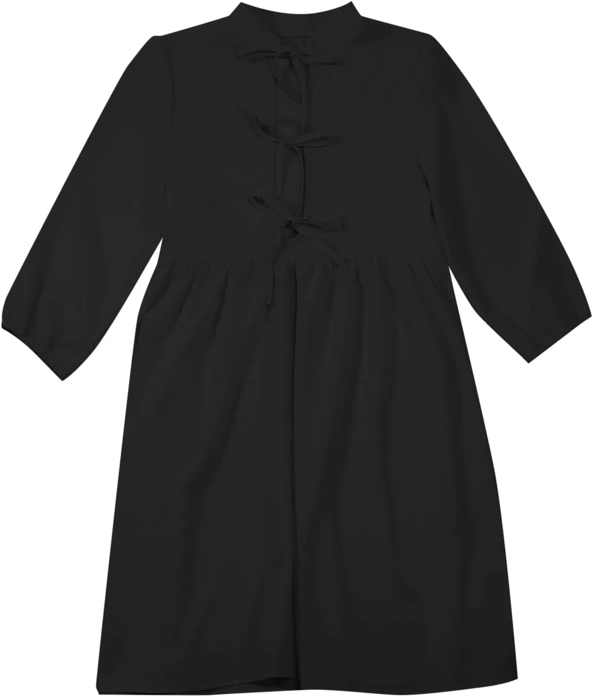 Women's Babydoll Dress Crewneck Long Puff Sleeve Tie Front Ruffle A-Line Mini Dress Cute Mini Tunic Dresses 2025