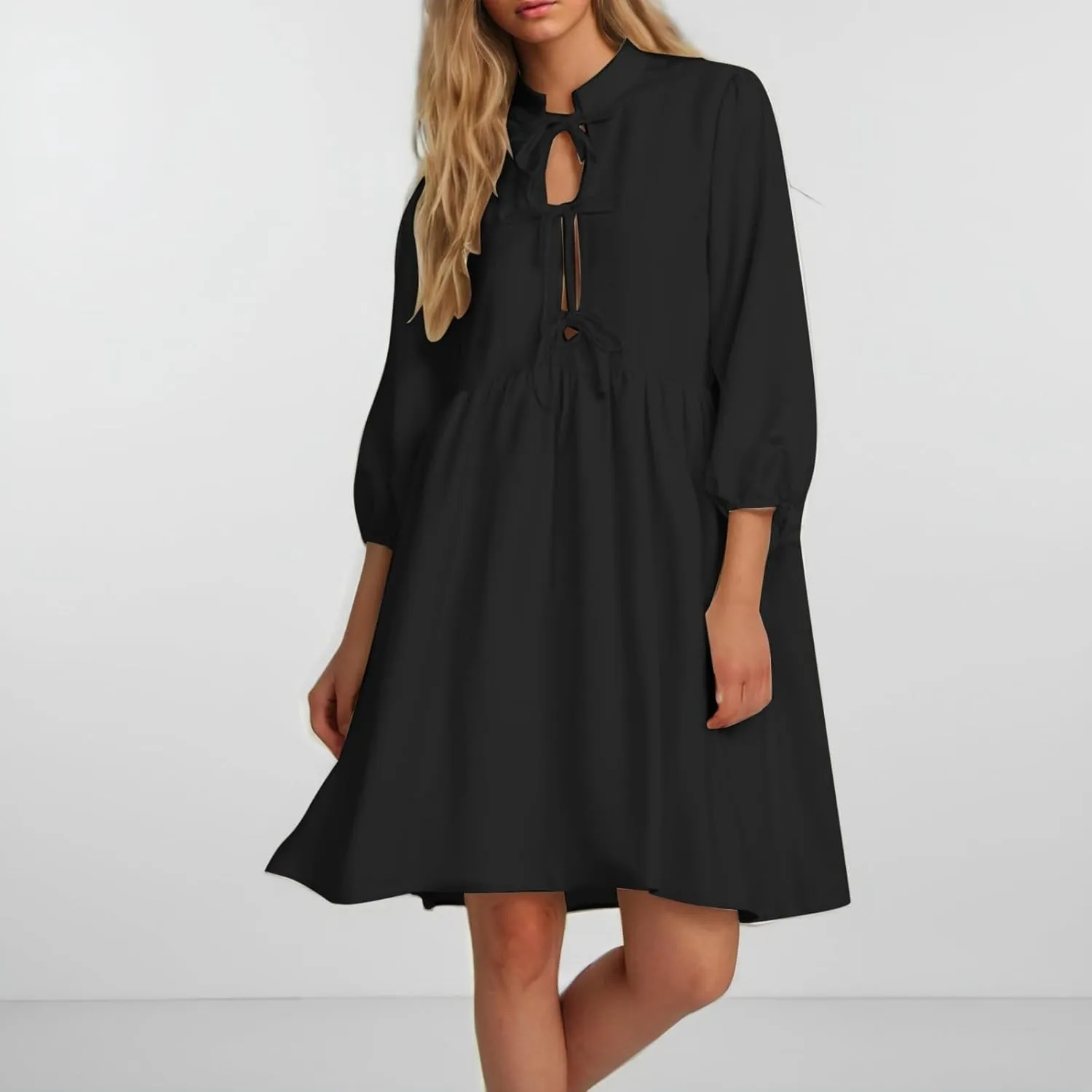 Women's Babydoll Dress Crewneck Long Puff Sleeve Tie Front Ruffle A-Line Mini Dress Cute Mini Tunic Dresses 2025