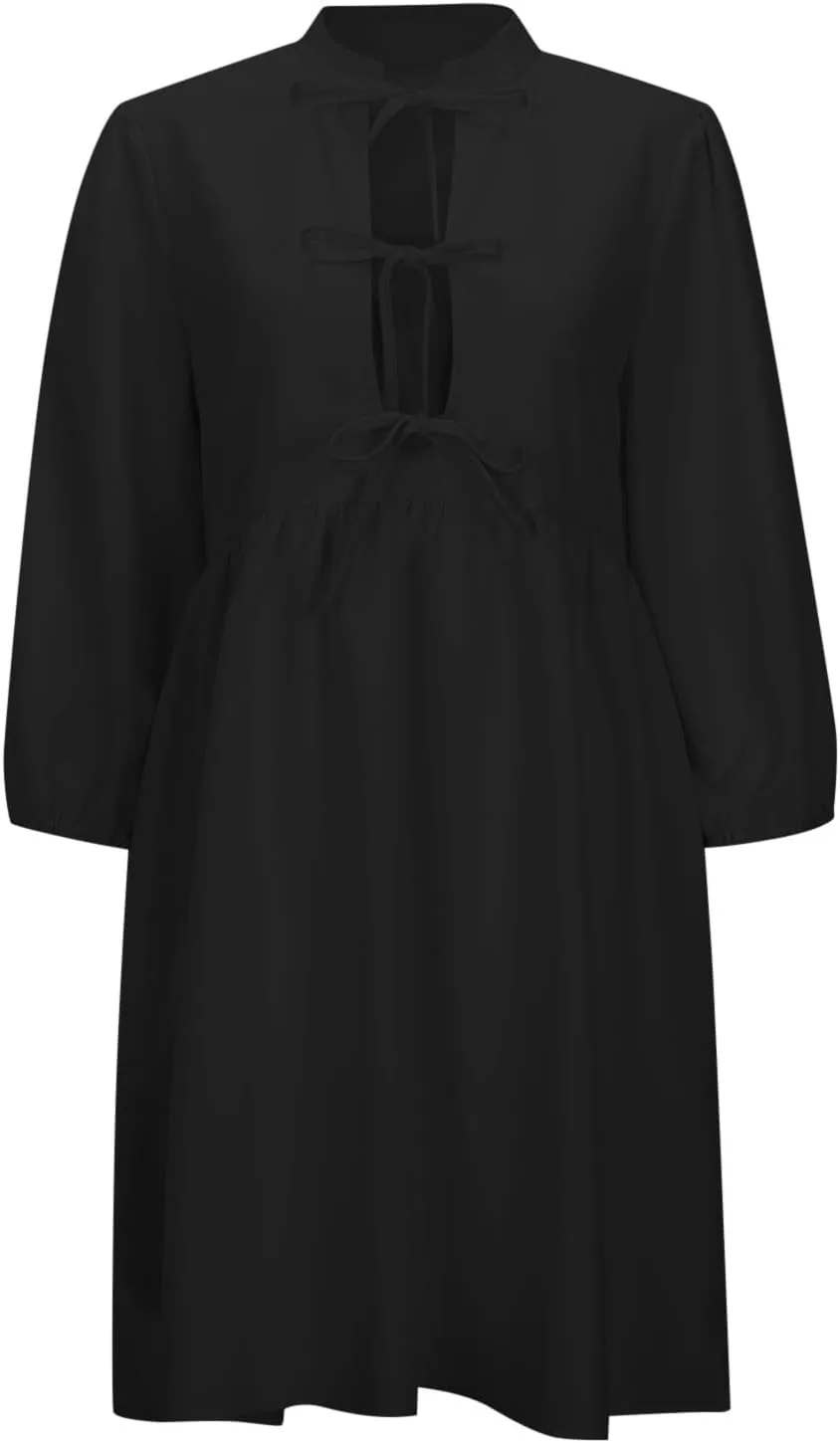 Women's Babydoll Dress Crewneck Long Puff Sleeve Tie Front Ruffle A-Line Mini Dress Cute Mini Tunic Dresses 2025