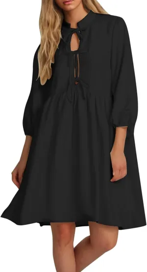 Women's Babydoll Dress Crewneck Long Puff Sleeve Tie Front Ruffle A-Line Mini Dress Cute Mini Tunic Dresses 2025