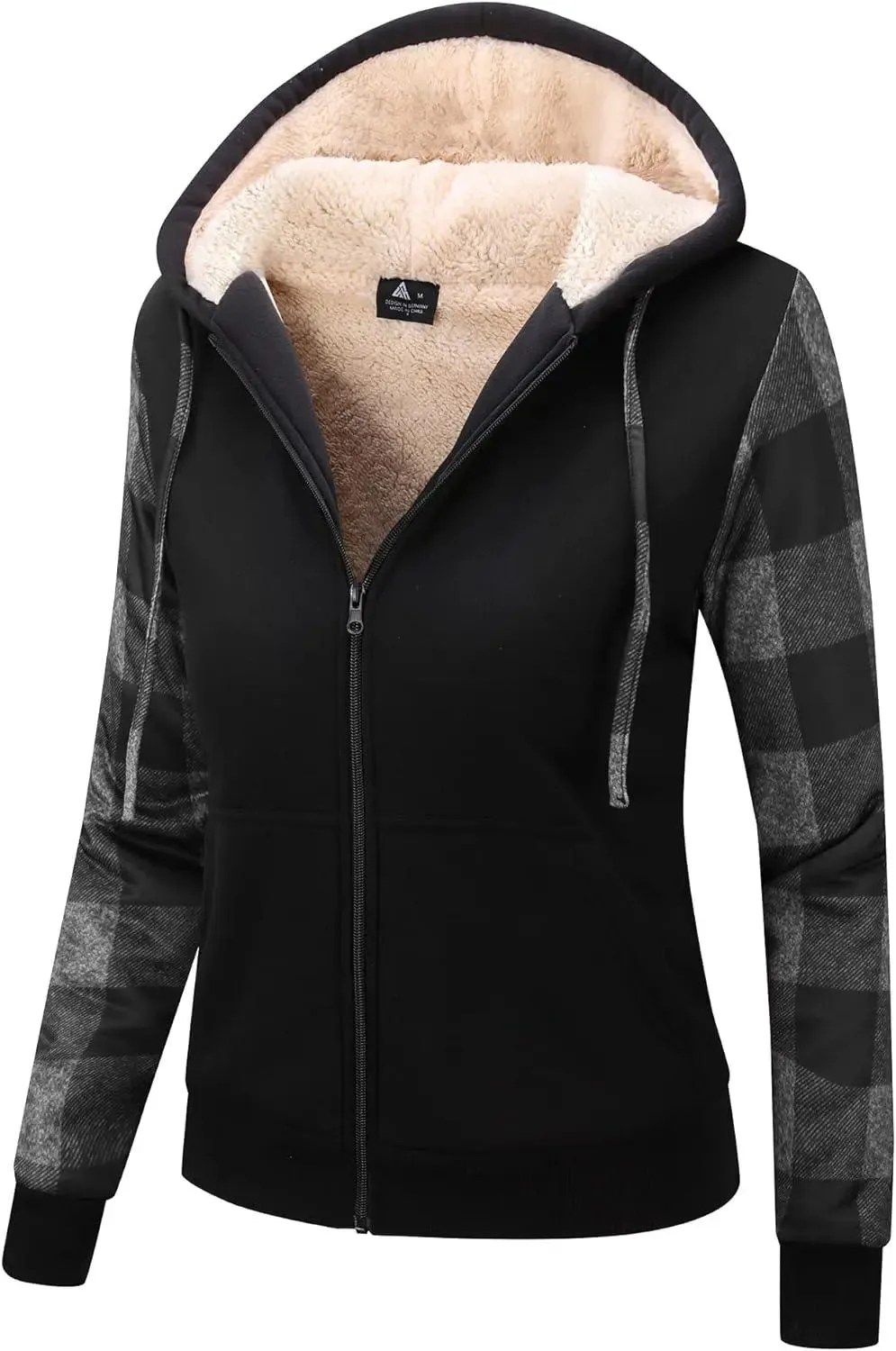 Women's Black Checkered Full Zipper Hoodie-ZPK005489