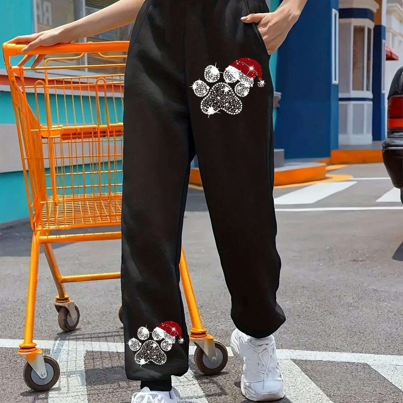 Women's Festive Christmas Paw Print Joggers - Elastic Waist, Casual Sweatpants for Fall/Winter, Machine Washable