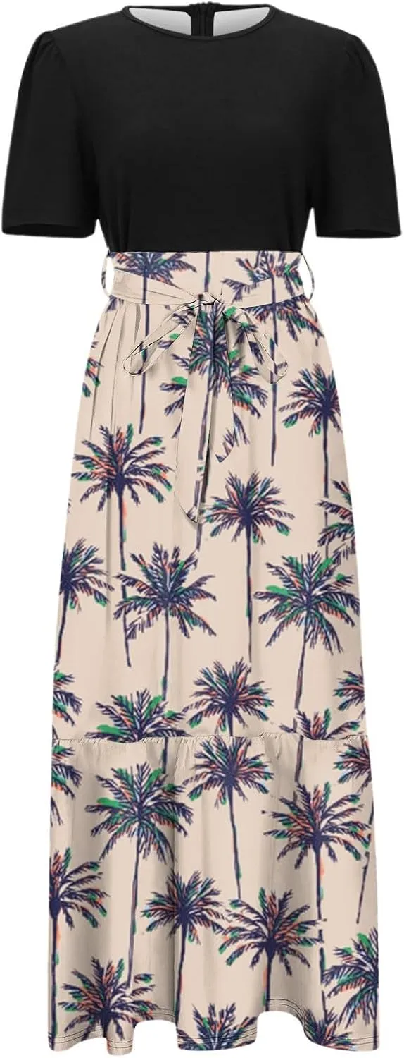 Womens Floral Print Long Dresses Elegant Boho Tie Belted Sundress Patchwork Empire Waist Short Sleeve Flowy Maxi Dress