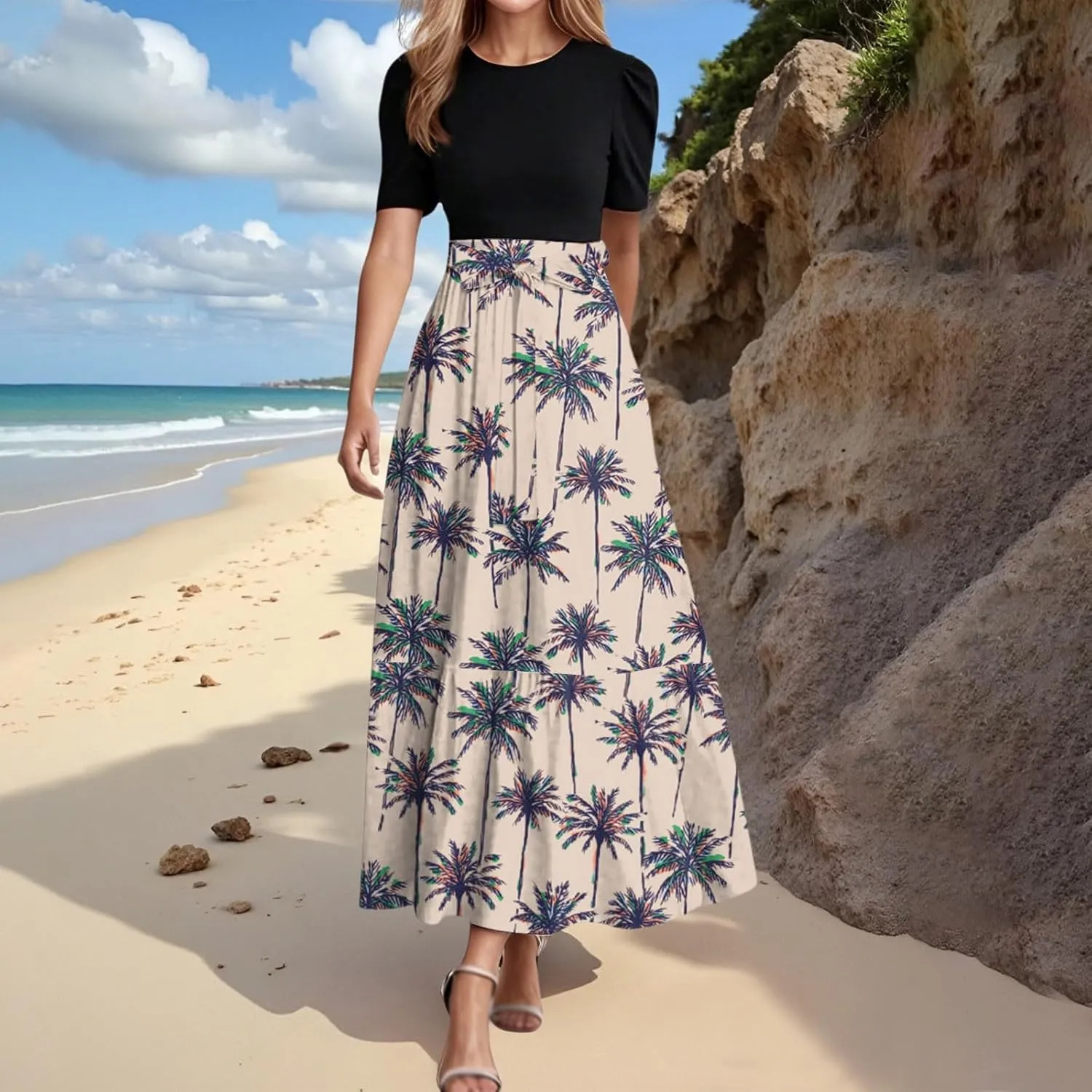 Womens Floral Print Long Dresses Elegant Boho Tie Belted Sundress Patchwork Empire Waist Short Sleeve Flowy Maxi Dress