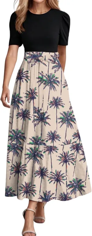 Womens Floral Print Long Dresses Elegant Boho Tie Belted Sundress Patchwork Empire Waist Short Sleeve Flowy Maxi Dress