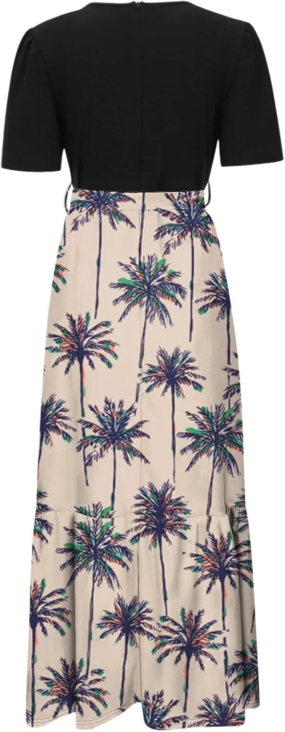 Womens Floral Print Long Dresses Elegant Boho Tie Belted Sundress Patchwork Empire Waist Short Sleeve Flowy Maxi Dress
