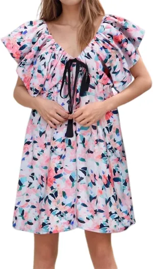 Women's Floral Print Mini Dress Backless V Neck Puff Sleeve Flowy Dresses Short Babydoll Bow Shirts Sundress