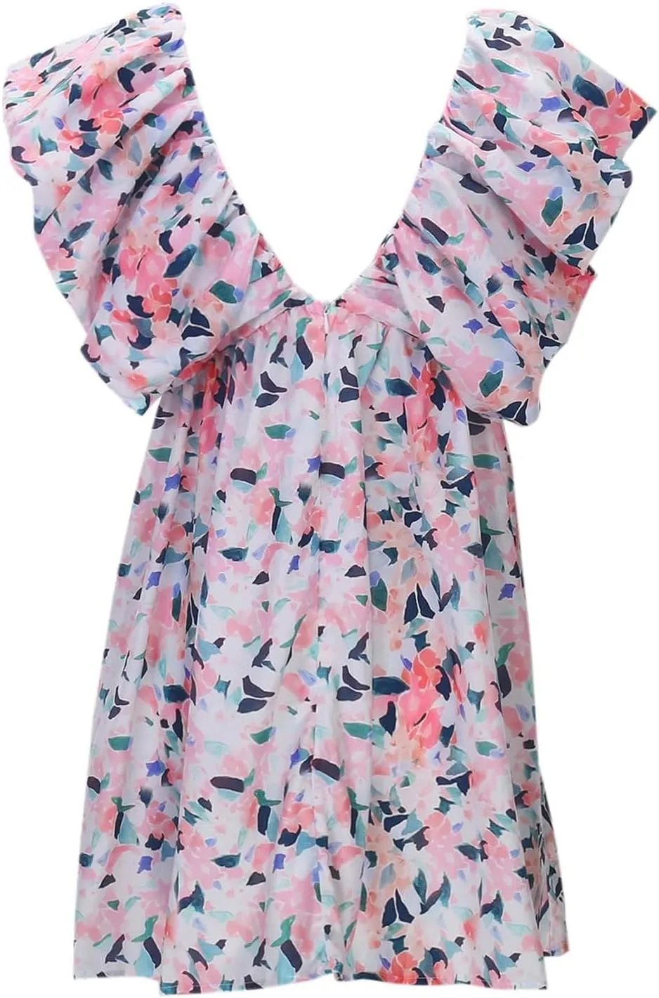 Women's Floral Print Mini Dress Backless V Neck Puff Sleeve Flowy Dresses Short Babydoll Bow Shirts Sundress