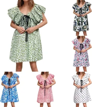 Women's Floral Print Mini Dress Backless V Neck Puff Sleeve Flowy Dresses Short Babydoll Bow Shirts Sundress