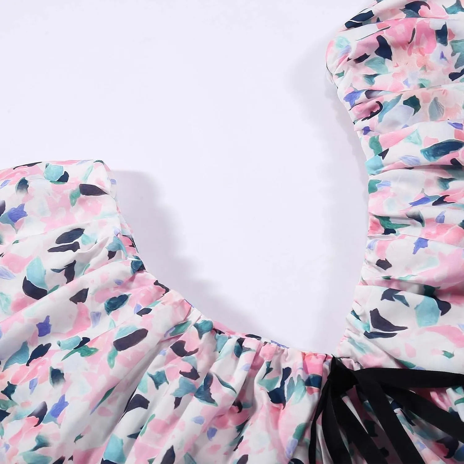 Women's Floral Print Mini Dress Backless V Neck Puff Sleeve Flowy Dresses Short Babydoll Bow Shirts Sundress