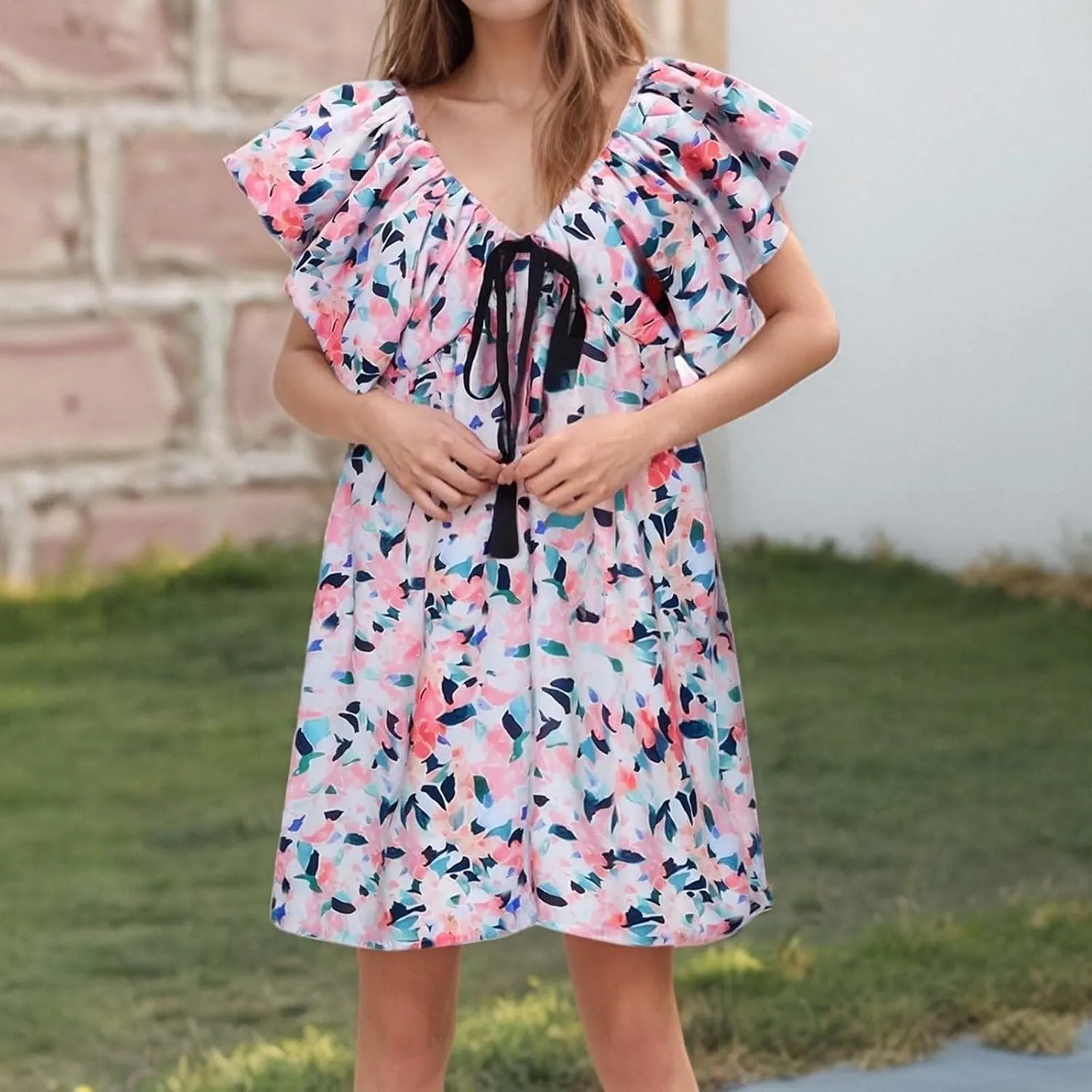 Women's Floral Print Mini Dress Backless V Neck Puff Sleeve Flowy Dresses Short Babydoll Bow Shirts Sundress