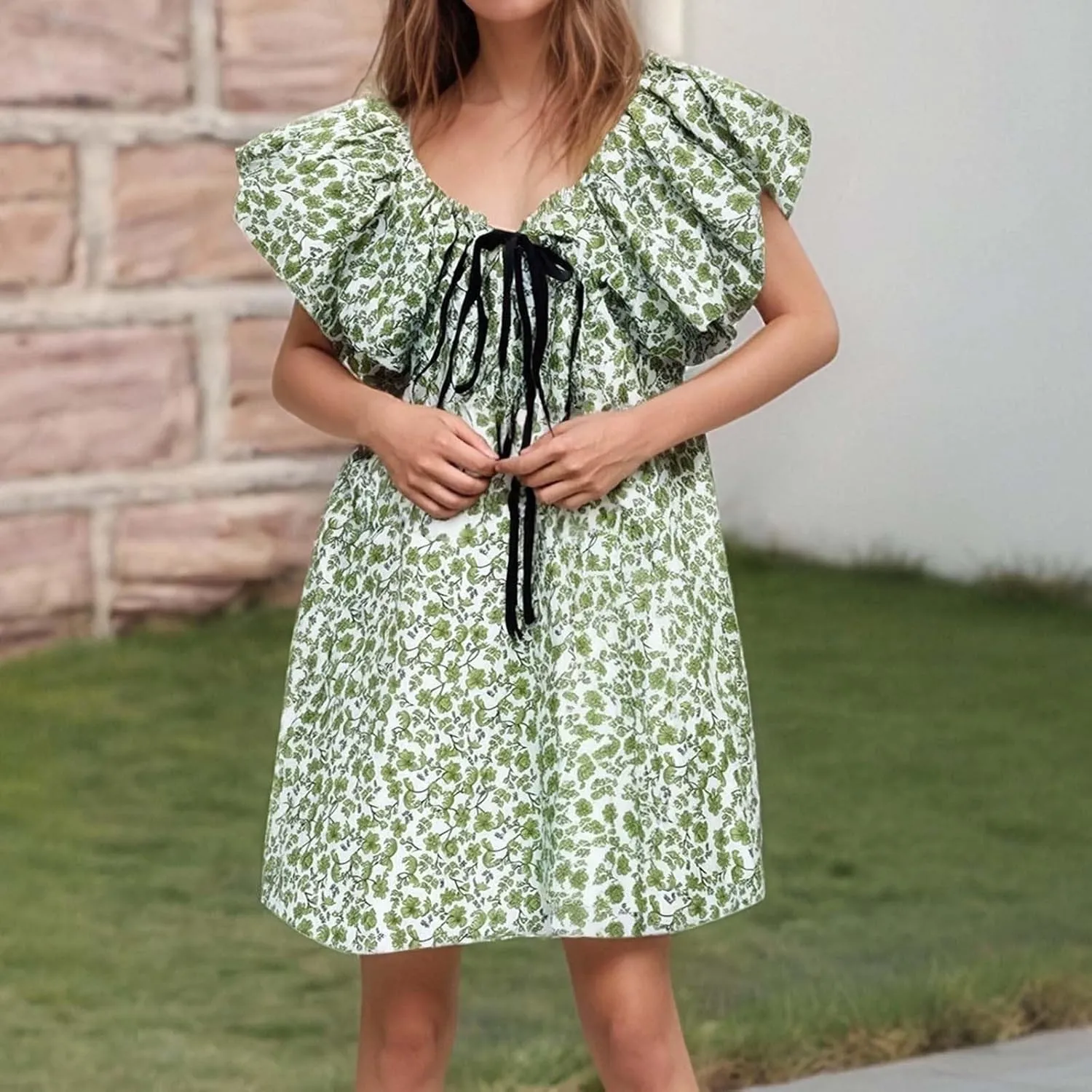 Women's Floral Print Mini Dress Backless V Neck Puff Sleeve Flowy Dresses Short Babydoll Bow Shirts Sundress
