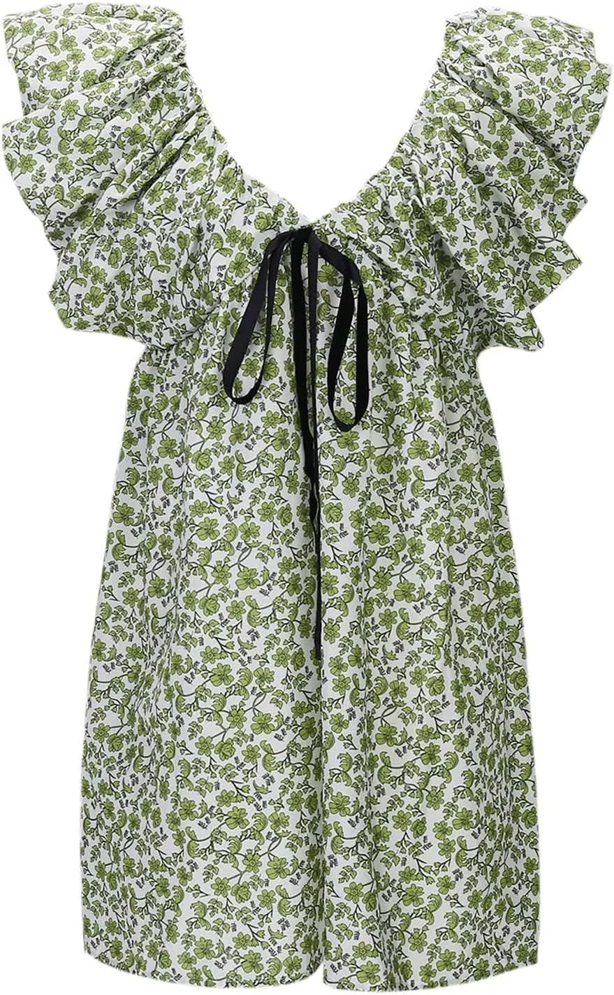 Women's Floral Print Mini Dress Backless V Neck Puff Sleeve Flowy Dresses Short Babydoll Bow Shirts Sundress
