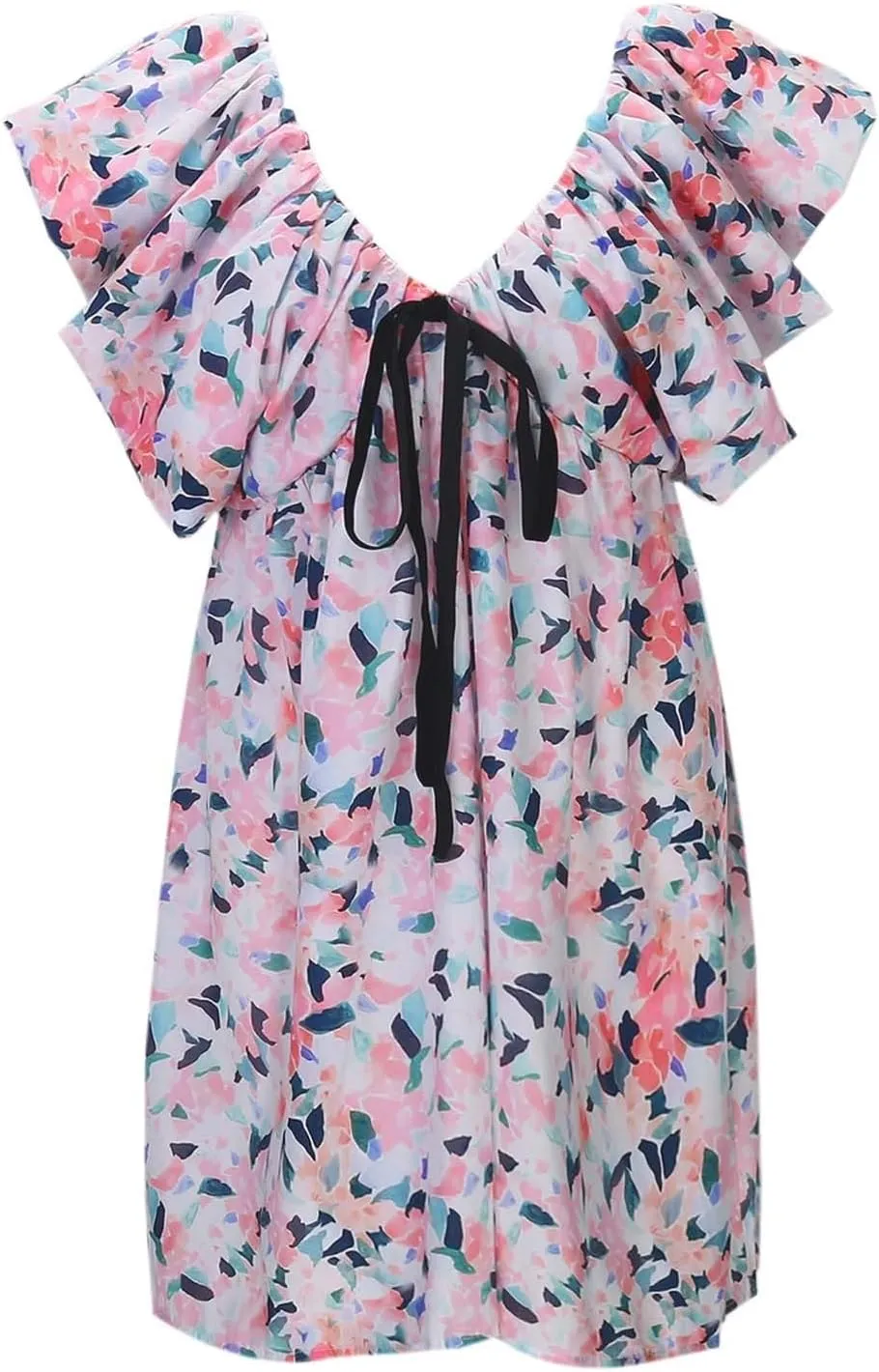 Women's Floral Print Mini Dress Backless V Neck Puff Sleeve Flowy Dresses Short Babydoll Bow Shirts Sundress