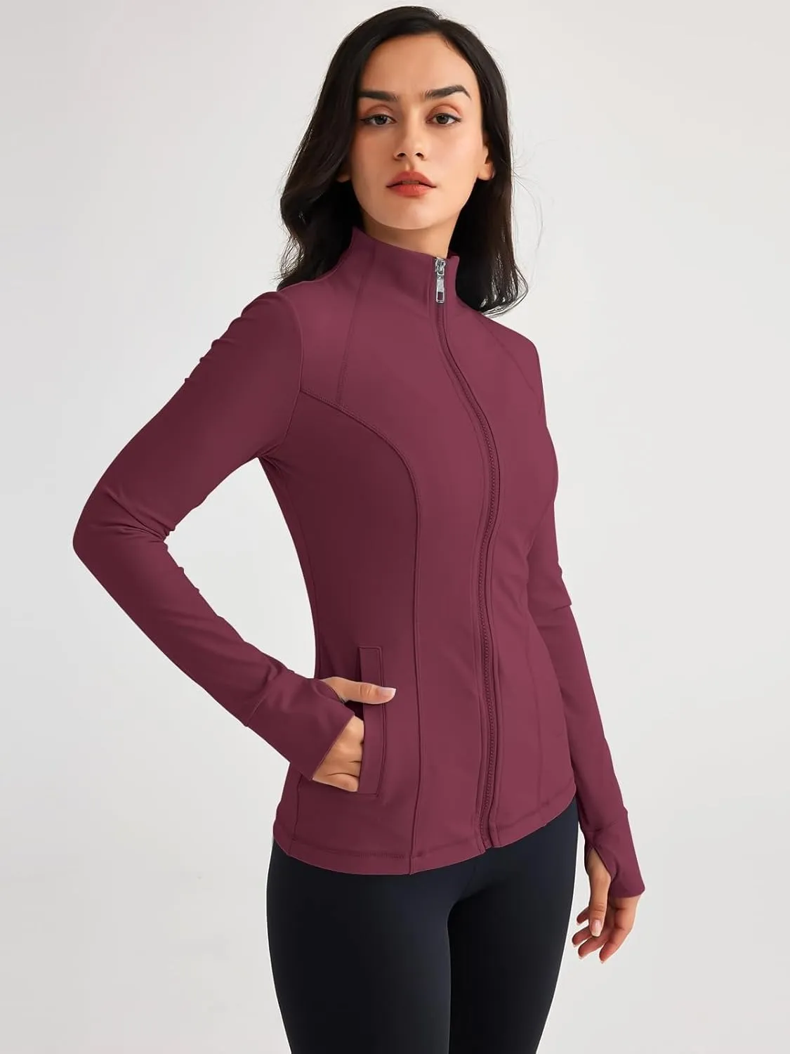 Women’s Full Zip Athletic Jacket – Breathable Lightweight Zip-Up Hoodie with Stand-Up Collar, Thumb Holes, and Zipper Pockets for Exercise and Outdoor Activities