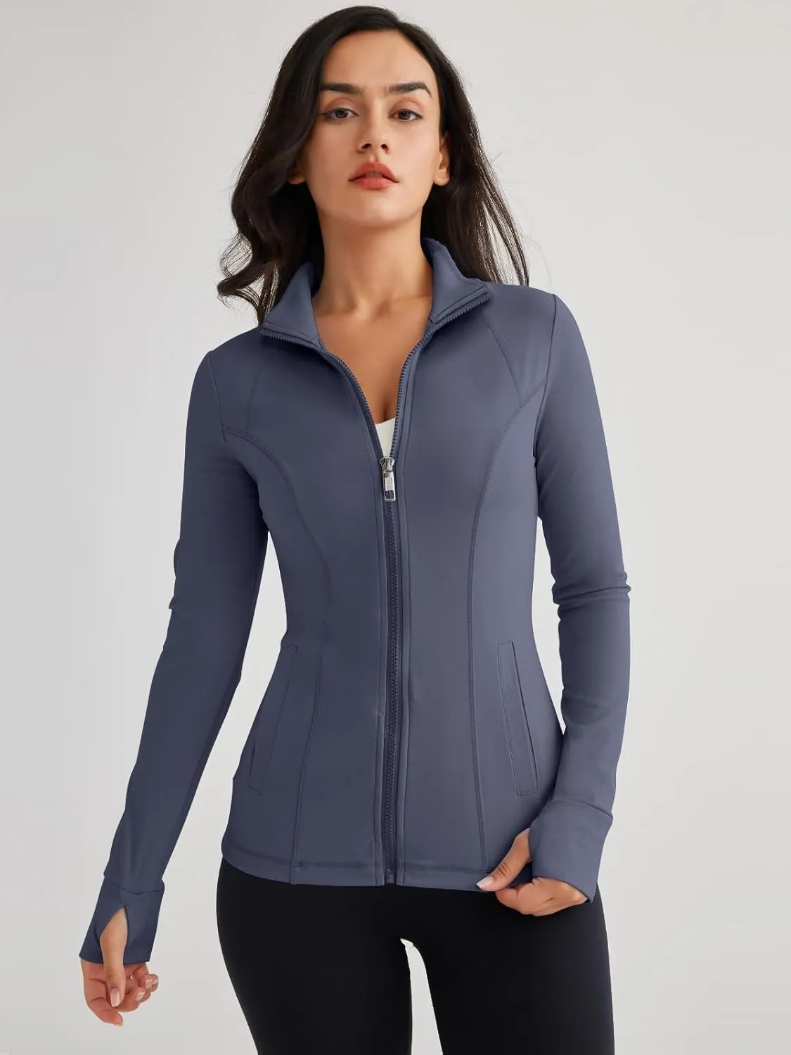 Women’s Full Zip Athletic Jacket – Breathable Lightweight Zip-Up Hoodie with Stand-Up Collar, Thumb Holes, and Zipper Pockets for Exercise and Outdoor Activities