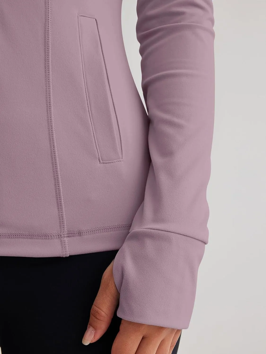 Women’s Full Zip Athletic Jacket – Breathable Lightweight Zip-Up Hoodie with Stand-Up Collar, Thumb Holes, and Zipper Pockets for Exercise and Outdoor Activities