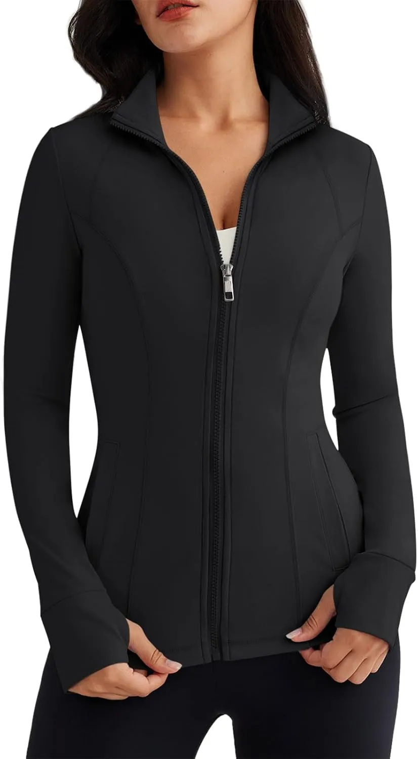 Women’s Full Zip Athletic Jacket – Breathable Lightweight Zip-Up Hoodie with Stand-Up Collar, Thumb Holes, and Zipper Pockets for Exercise and Outdoor Activities