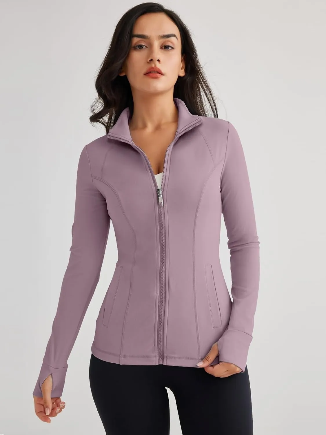 Women’s Full Zip Athletic Jacket – Breathable Lightweight Zip-Up Hoodie with Stand-Up Collar, Thumb Holes, and Zipper Pockets for Exercise and Outdoor Activities
