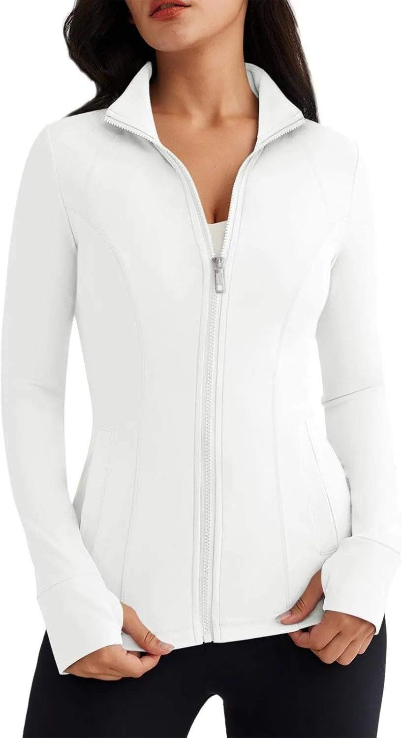 Women’s Full Zip Athletic Jacket – Breathable Lightweight Zip-Up Hoodie with Stand-Up Collar, Thumb Holes, and Zipper Pockets for Exercise and Outdoor Activities