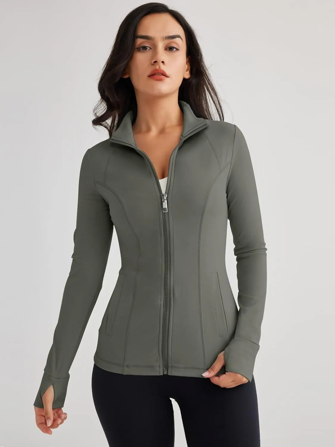 Women’s Full Zip Athletic Jacket – Breathable Lightweight Zip-Up Hoodie with Stand-Up Collar, Thumb Holes, and Zipper Pockets for Exercise and Outdoor Activities