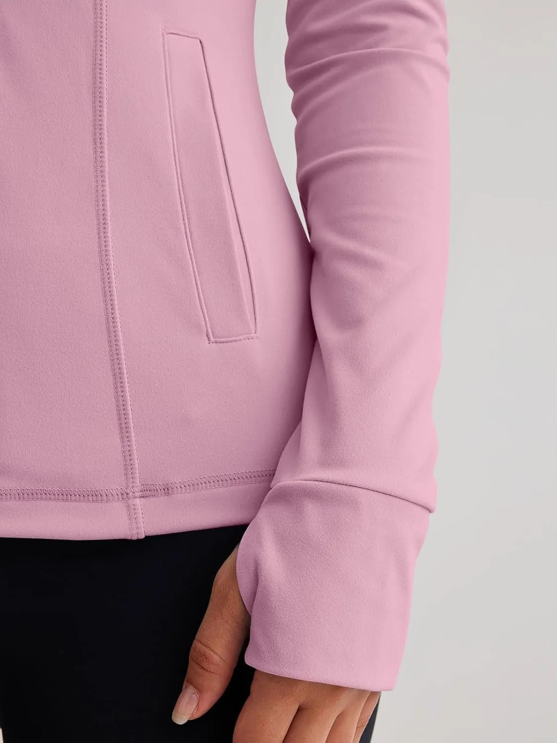 Women’s Full Zip Athletic Jacket – Breathable Lightweight Zip-Up Hoodie with Stand-Up Collar, Thumb Holes, and Zipper Pockets for Exercise and Outdoor Activities