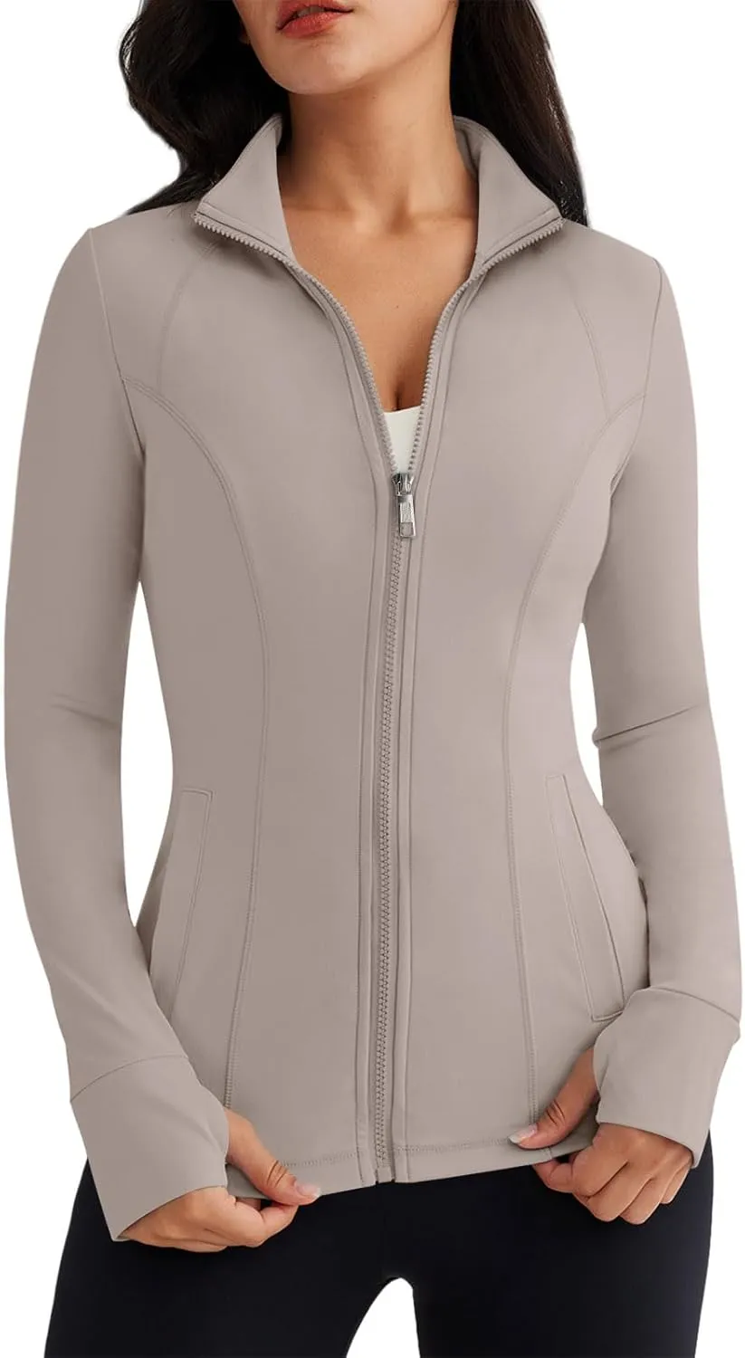 Women’s Full Zip Athletic Jacket – Breathable Lightweight Zip-Up Hoodie with Stand-Up Collar, Thumb Holes, and Zipper Pockets for Exercise and Outdoor Activities