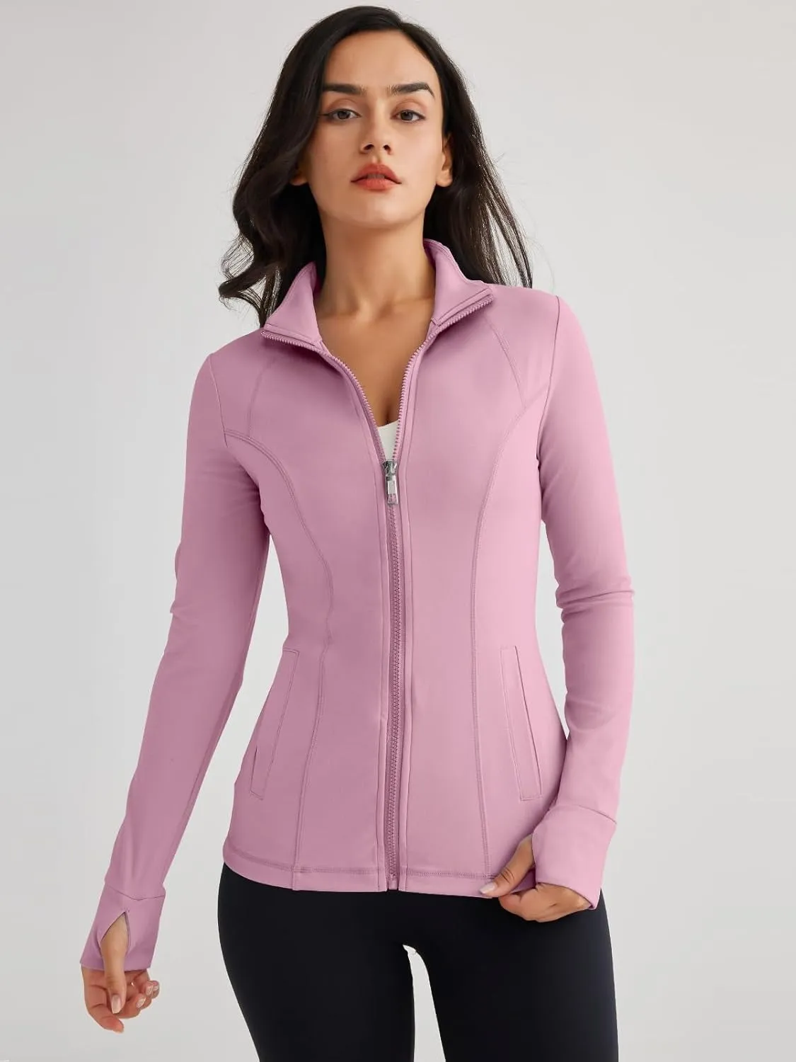 Women’s Full Zip Athletic Jacket – Breathable Lightweight Zip-Up Hoodie with Stand-Up Collar, Thumb Holes, and Zipper Pockets for Exercise and Outdoor Activities