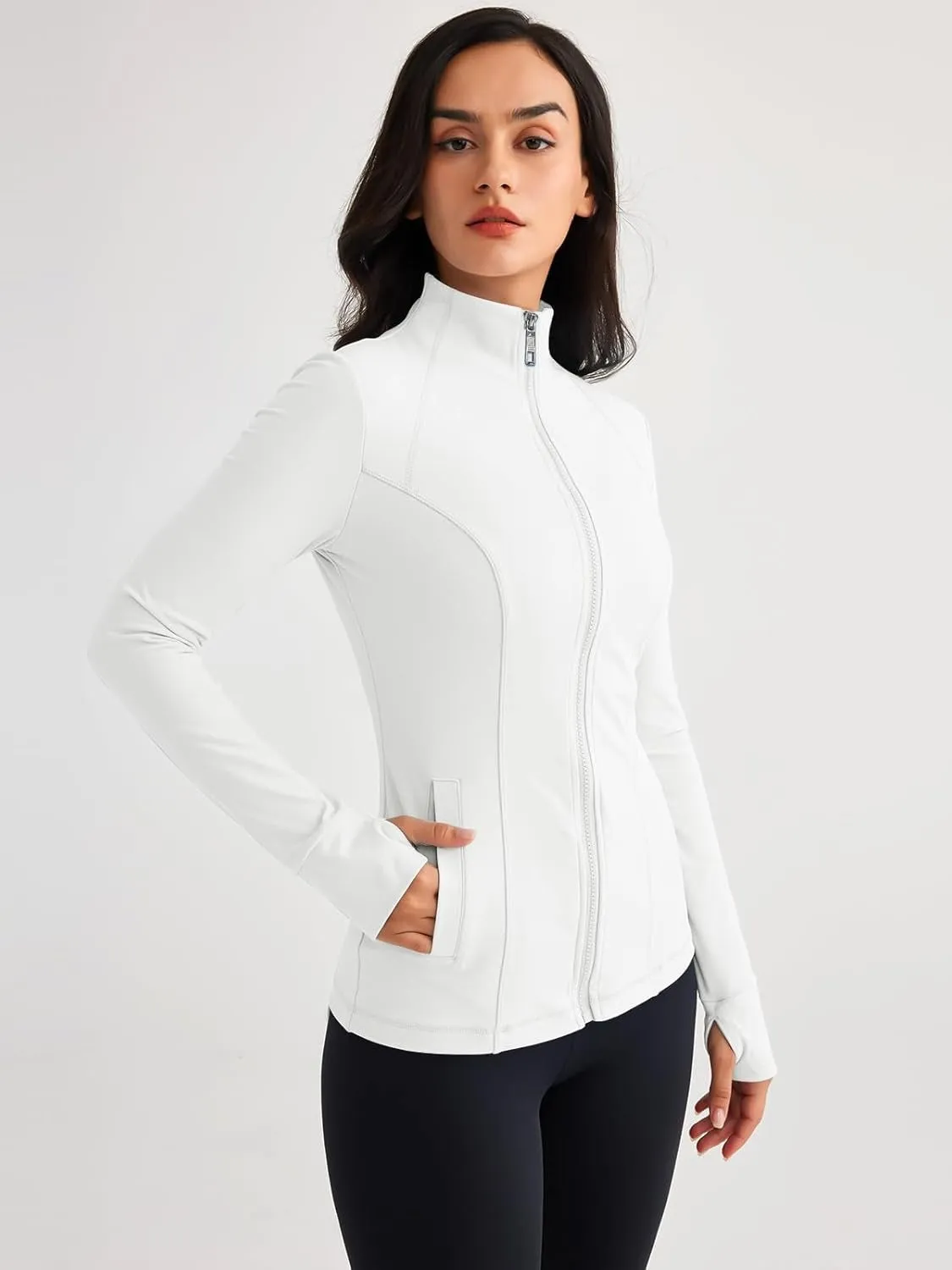 Women’s Full Zip Athletic Jacket – Breathable Lightweight Zip-Up Hoodie with Stand-Up Collar, Thumb Holes, and Zipper Pockets for Exercise and Outdoor Activities