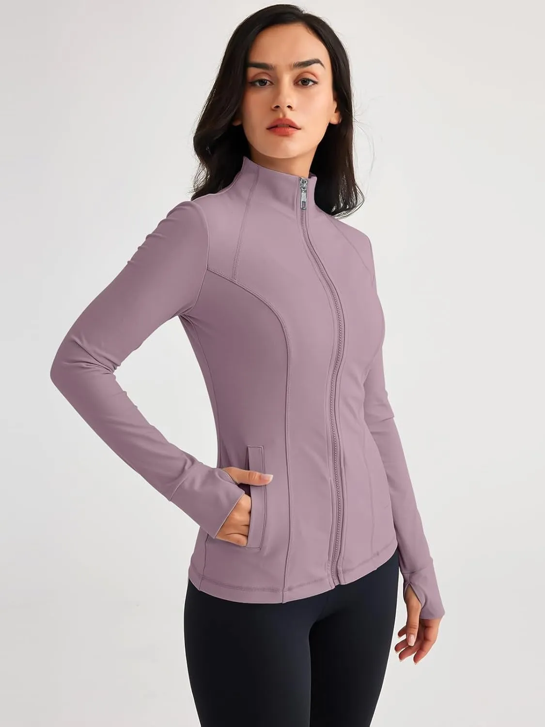 Women’s Full Zip Athletic Jacket – Breathable Lightweight Zip-Up Hoodie with Stand-Up Collar, Thumb Holes, and Zipper Pockets for Exercise and Outdoor Activities